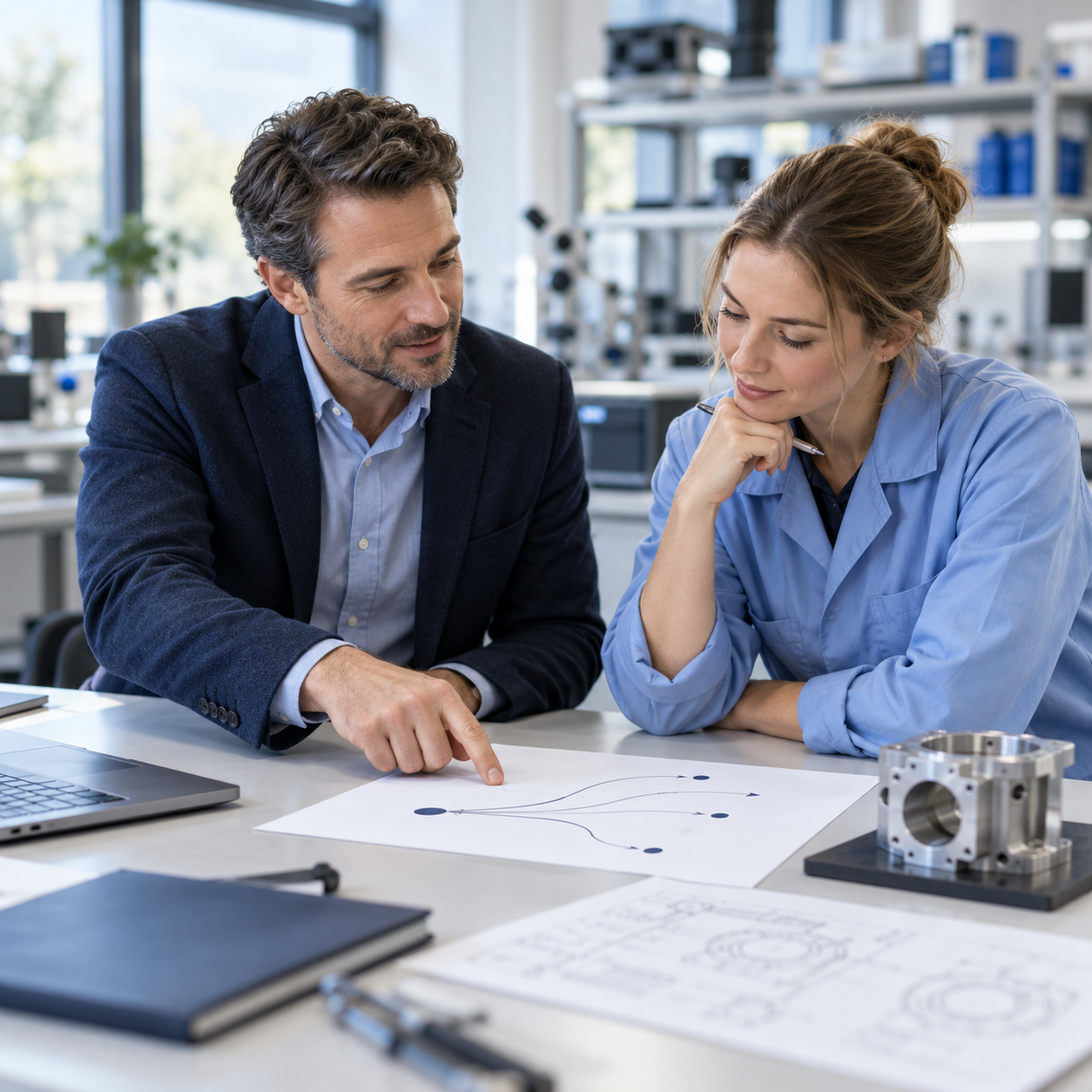 Two engineers, a man and a woman, are discussing technical drawings and blueprints in a laboratory or workshop.