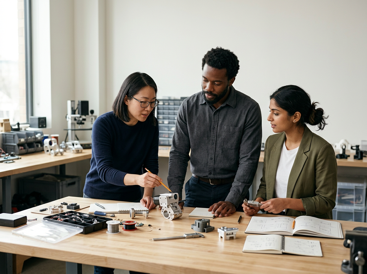 Three people in a workshop working on mechanical components and technical drawings at a wooden table.