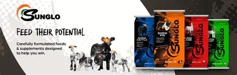 Image of Sunlogo pet food products with a slogan 'Feed their potential' and various bag colors including blue, orange, red, and green, along with small animals like a rabbit, guinea pig, and hamster.