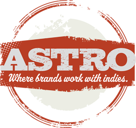 Logo for ASTRO featuring a red background, a stylized map of the United States with a star at the top, and the slogan 'Where brands work with indies.'