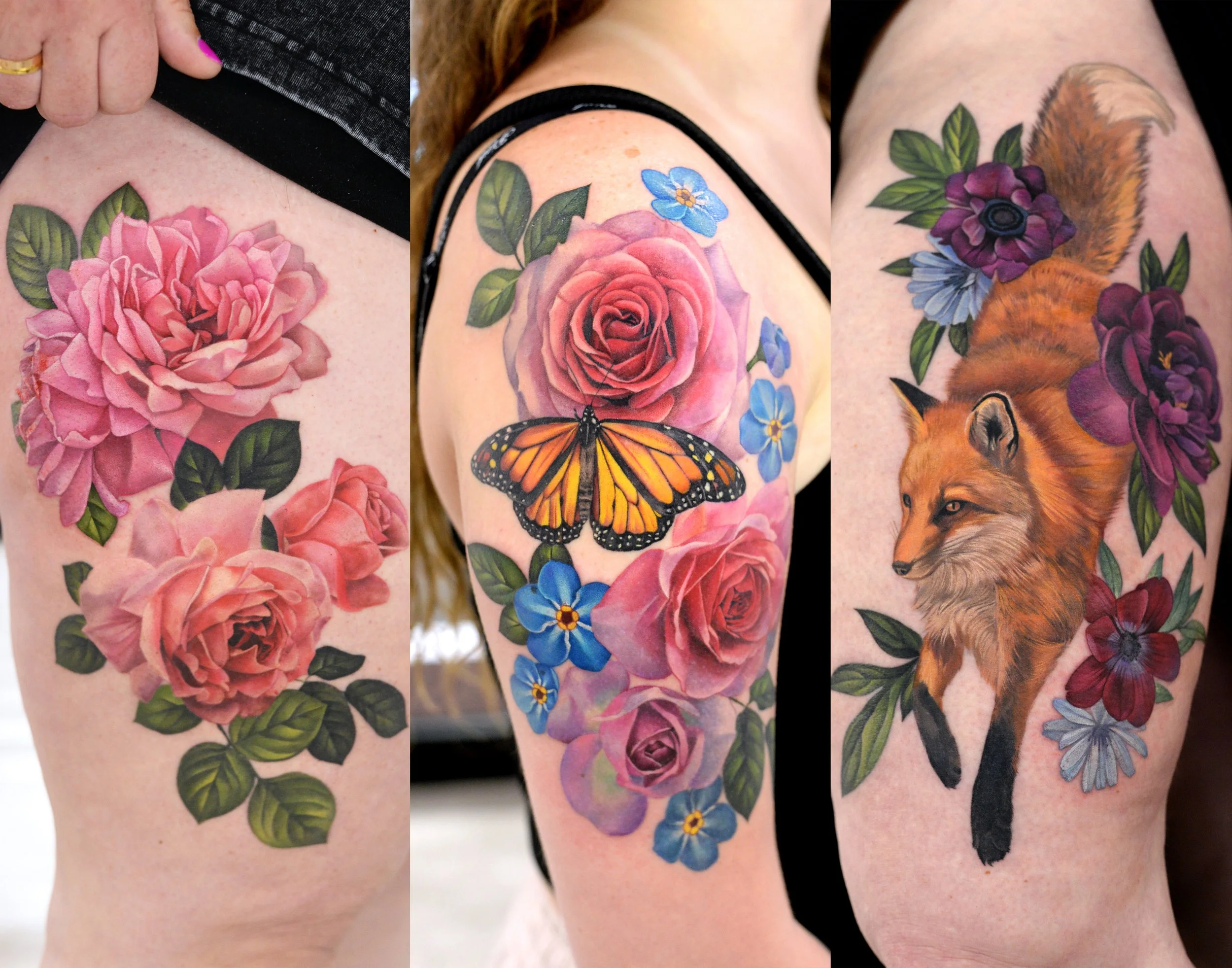 Close-up of colorful floral tattoos on the skin, featuring pink roses, blue flowers, purple flowers, and a monarch butterfly.