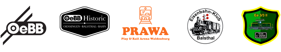 Fünf verschiedene Eisenbahn-Logos, darunter OeBB Historic, Prawa, Eisenbahn-Club Balsthal, und ein grün-gelbes Automodell