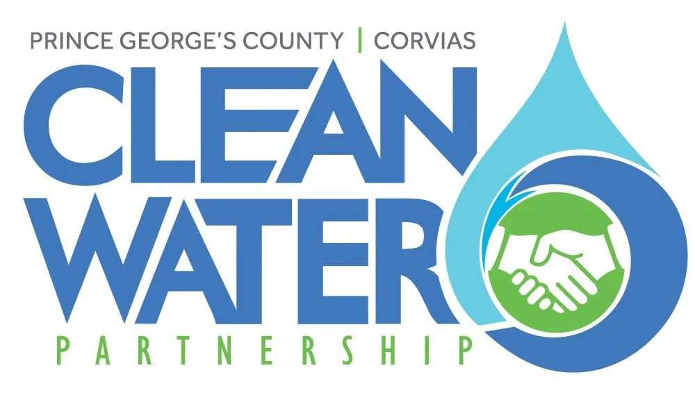 Logo for Prince George's County and Corvias Clean Water Partnership featuring a water droplet, a handshake, and text 'Clean Water Partnership' with blue and green colors.