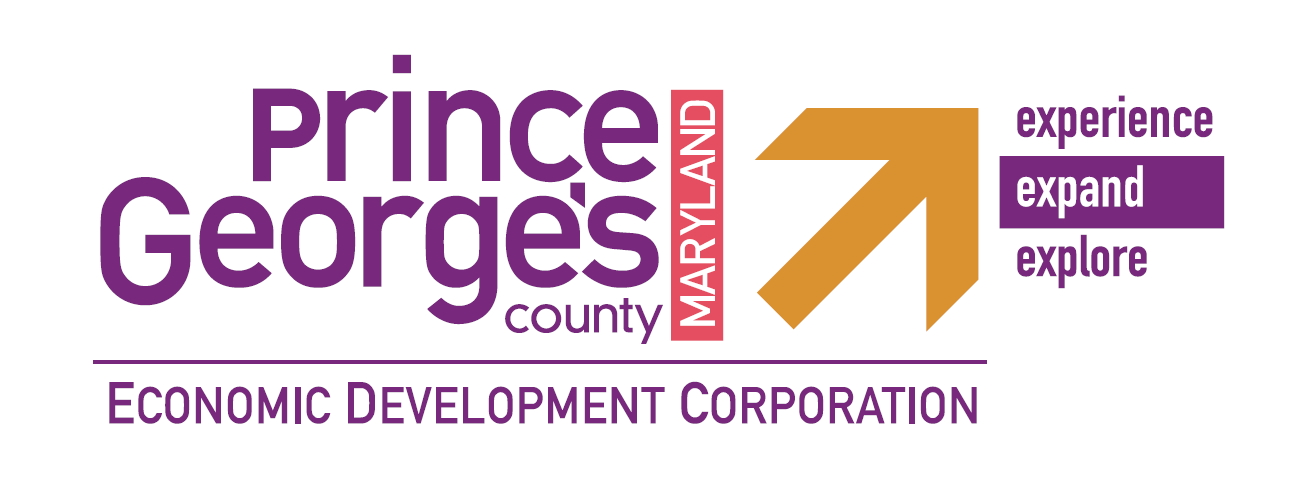 Logo for Prince George's County Maryland Economic Development Corporation, featuring the words 'experience', 'expand', 'explore' and a stylized arrow.