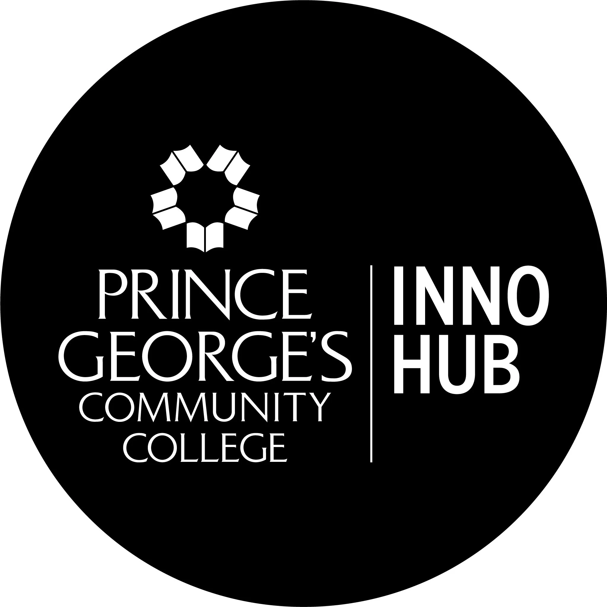 Black circular logo with white text that says 'Prince George's Community College' and 'Inno Hub', featuring a stylized geometric star design.