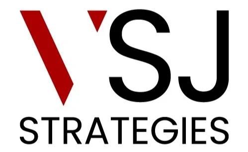 Logo with large red V, black S, and black J, and the word 'Strategies' underneath