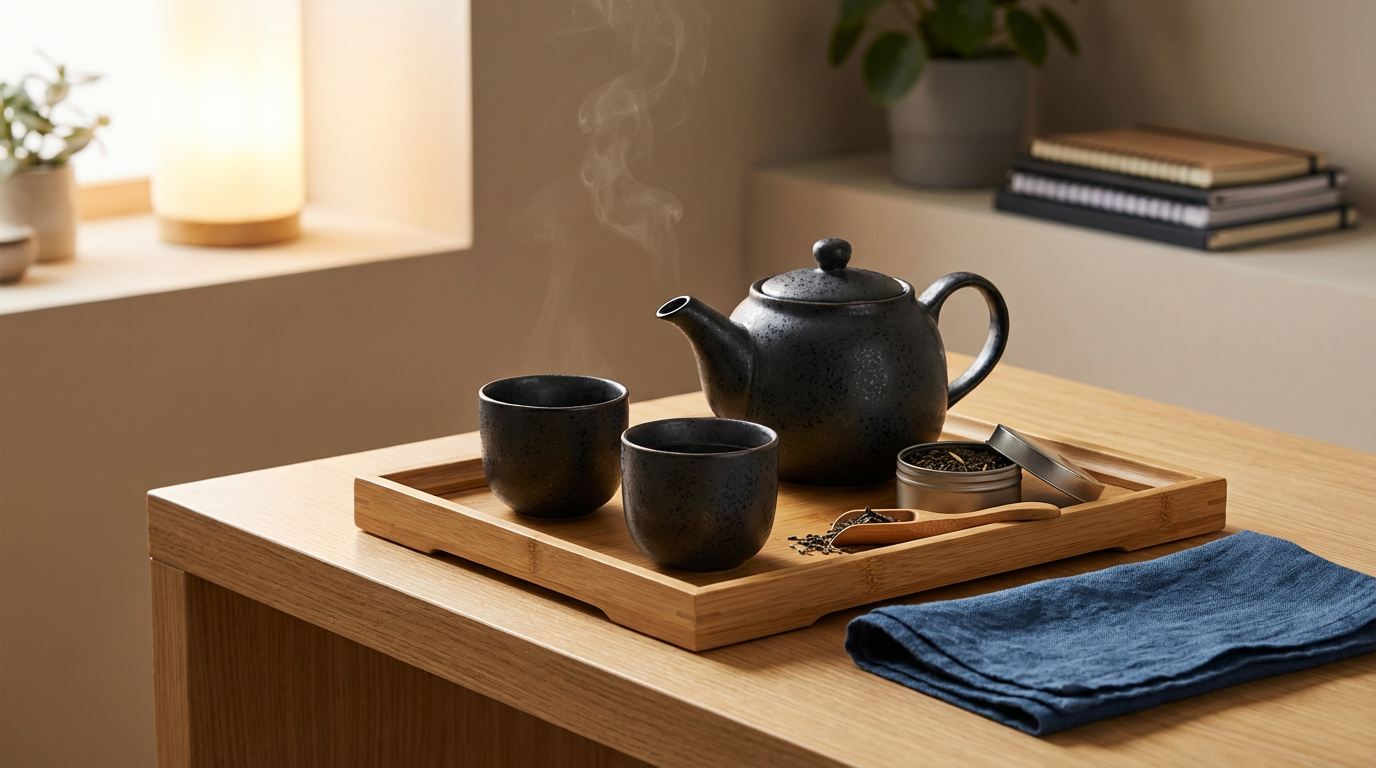 A hot steaming black teapot and two black teacups on a wooden tray on a wooden table, with a blue cloth, a small container of tea leaves, and a scoop. In the background, there are potted plants, books, and a lit lamp.