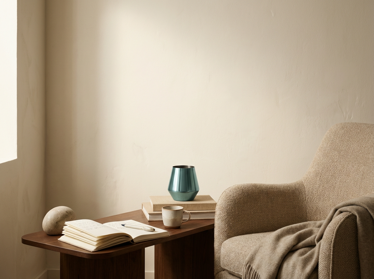 A cozy corner with a beige armchair, a wooden side table, an open notebook with a pen, a ceramic mug, a decorative vase, and some stacked books in a softly lit room.