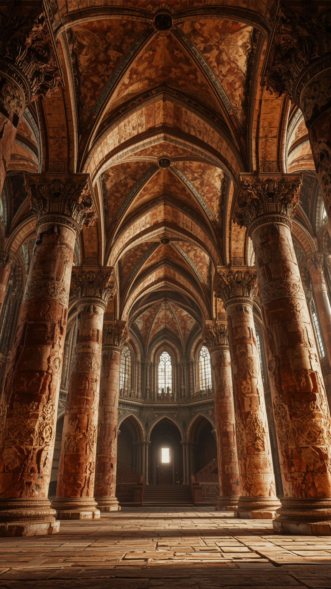 Interior of a grand cathedral with tall, ornate red marble columns, a vaulted ceiling with intricate paintings, large arched windows, and sunlight streaming through.