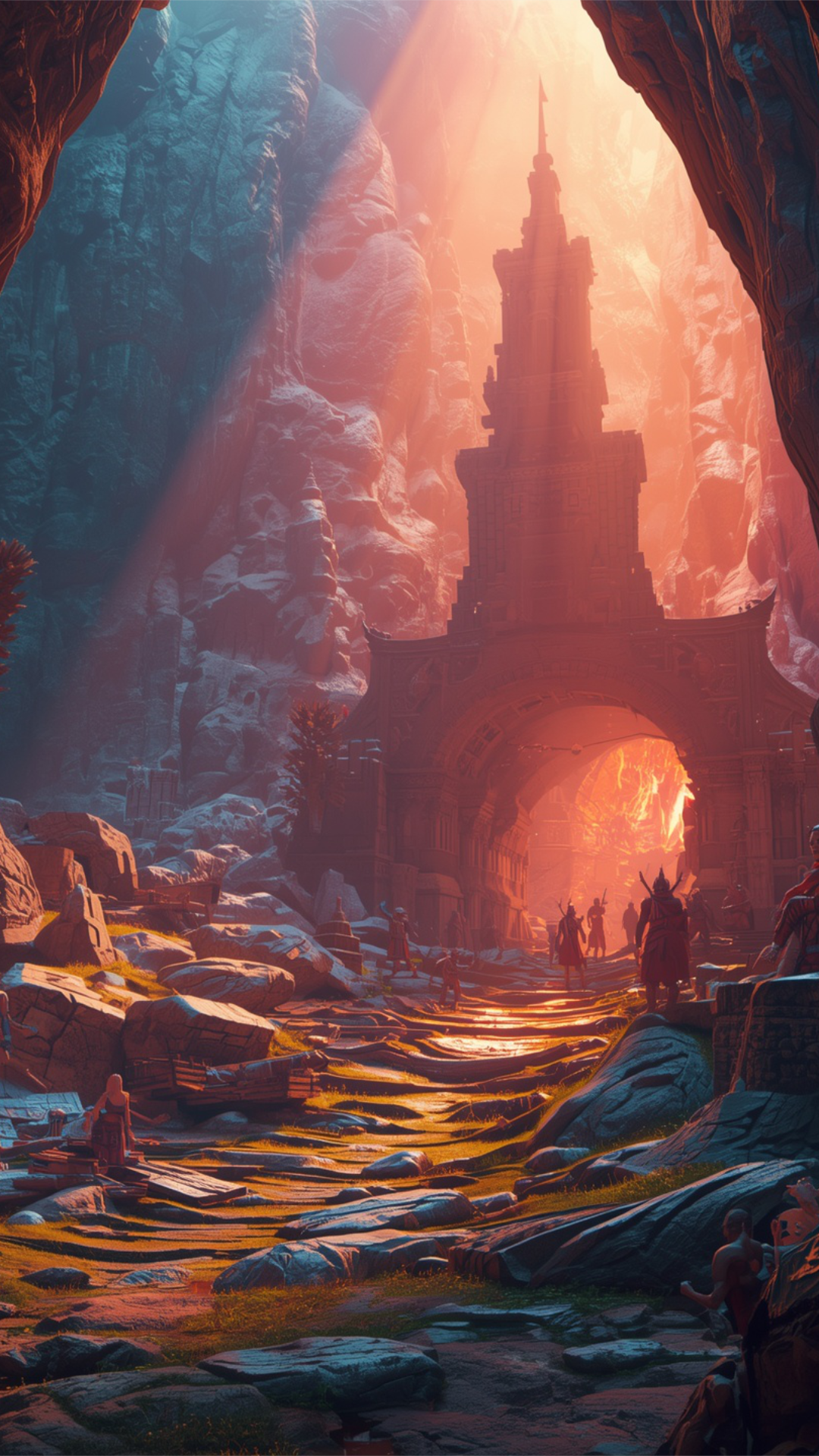 A digital painting of a fantasy scene with a large fortress built into a rocky canyon, illuminated by a glowing orange light from an opening in the distance. Several people are walking toward the fortress entrance amidst rocky terrain.
