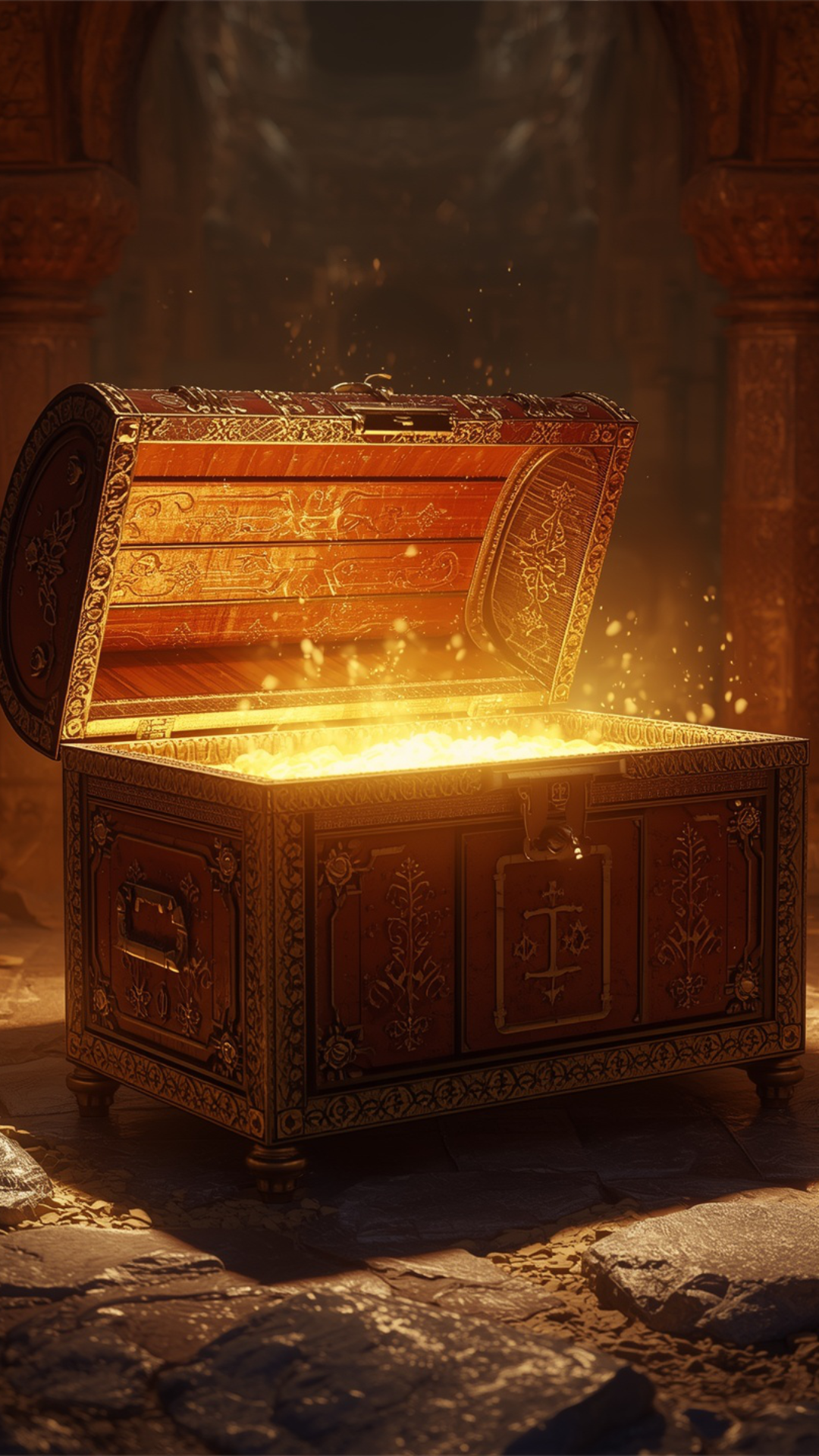 An ornate wooden treasure chest with glowing gold orbs inside, open in a dark, ancient stone chamber.