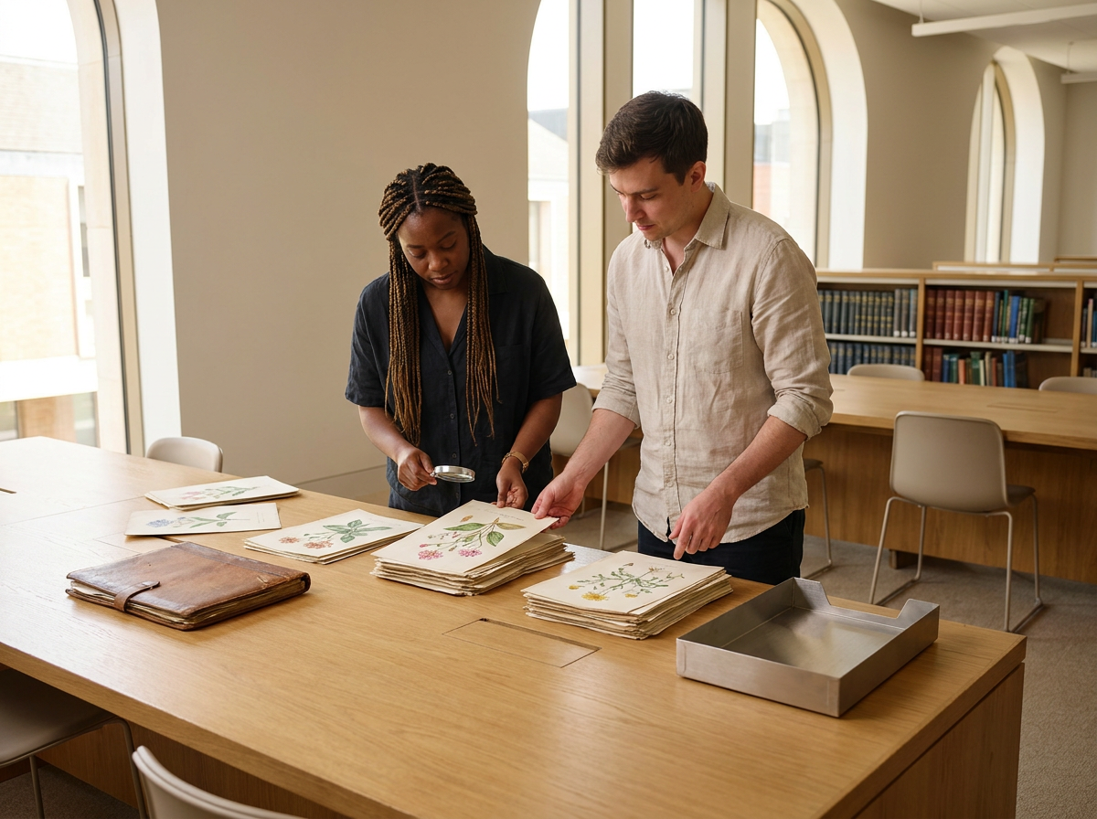 Two people examining botanical illustrations of plants at a library table.
