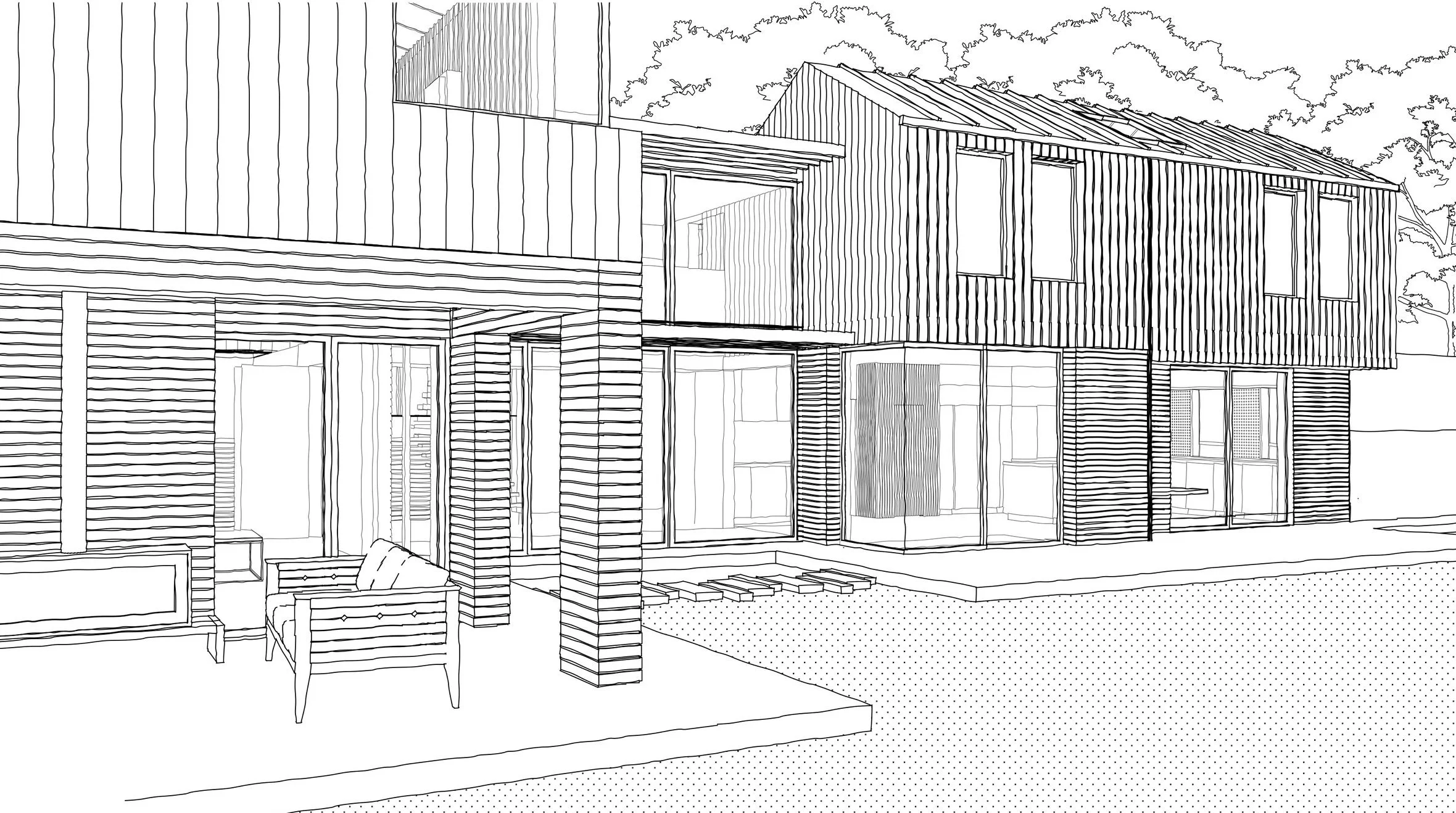 An early concept image exploring a garden view through the loggia towards the double-height glazed dining room, with the glazed corner window to the kitchen beyond.