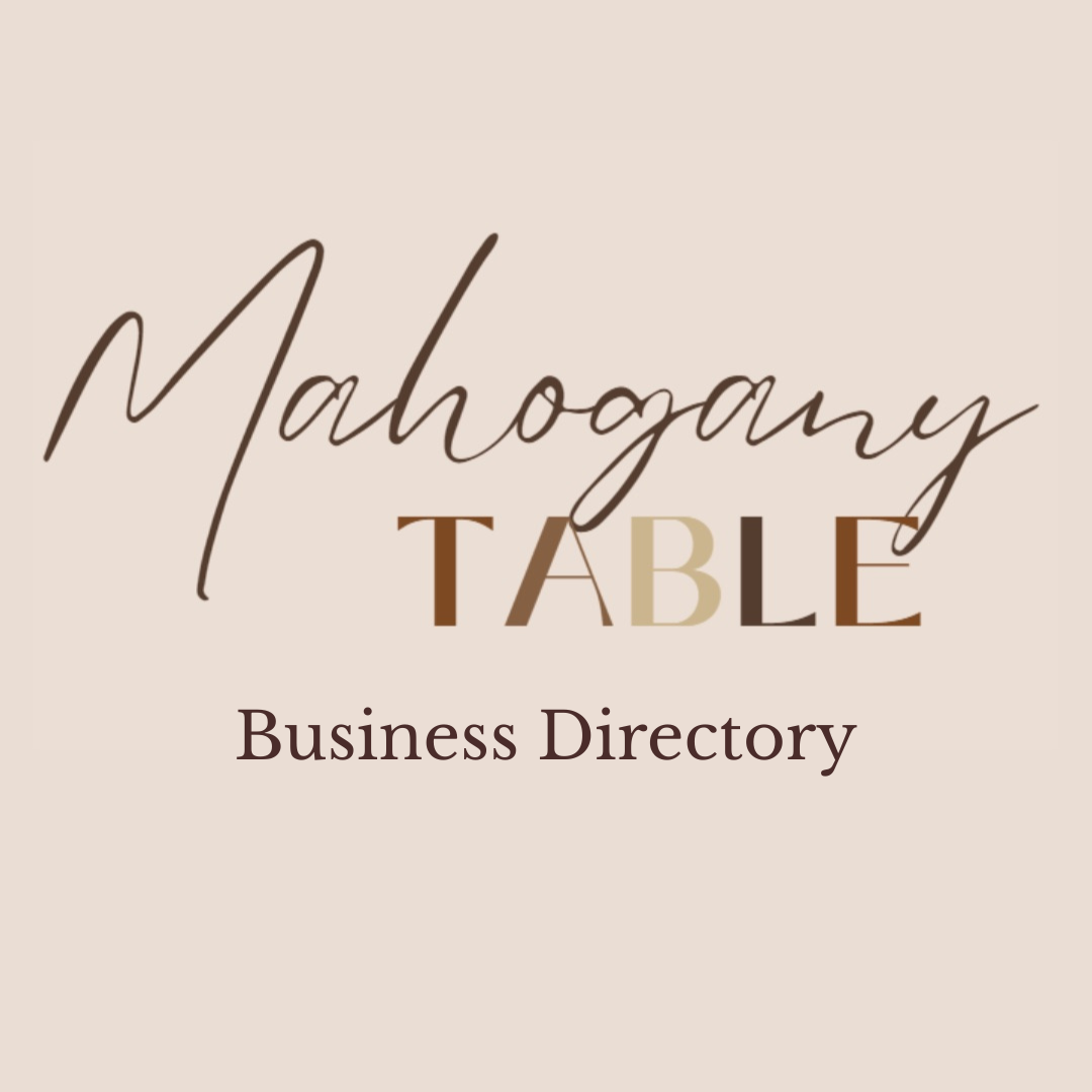 Business directory cover featuring the title 'Mahogany Table' in stylish fonts and the subtitle 'Business Directory' on a beige background.