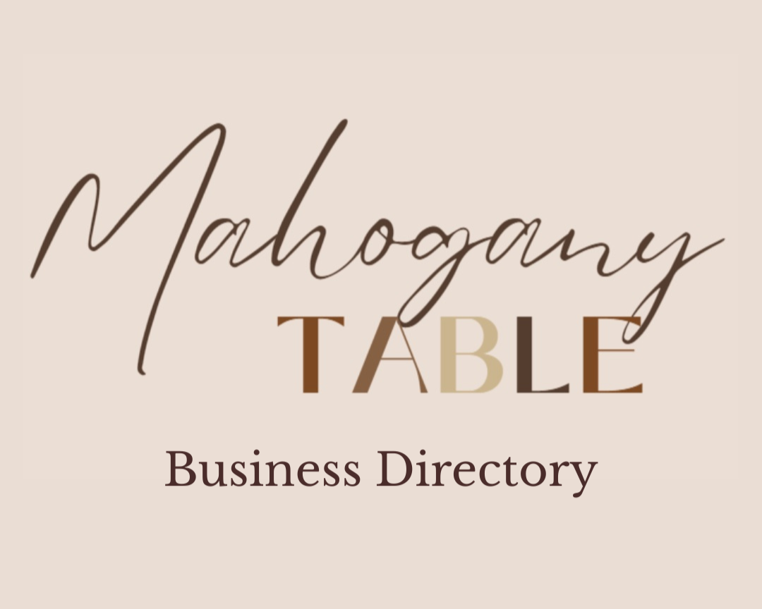 Cover page of a business directory titled Mahogany Table, with decorative text and a beige background.