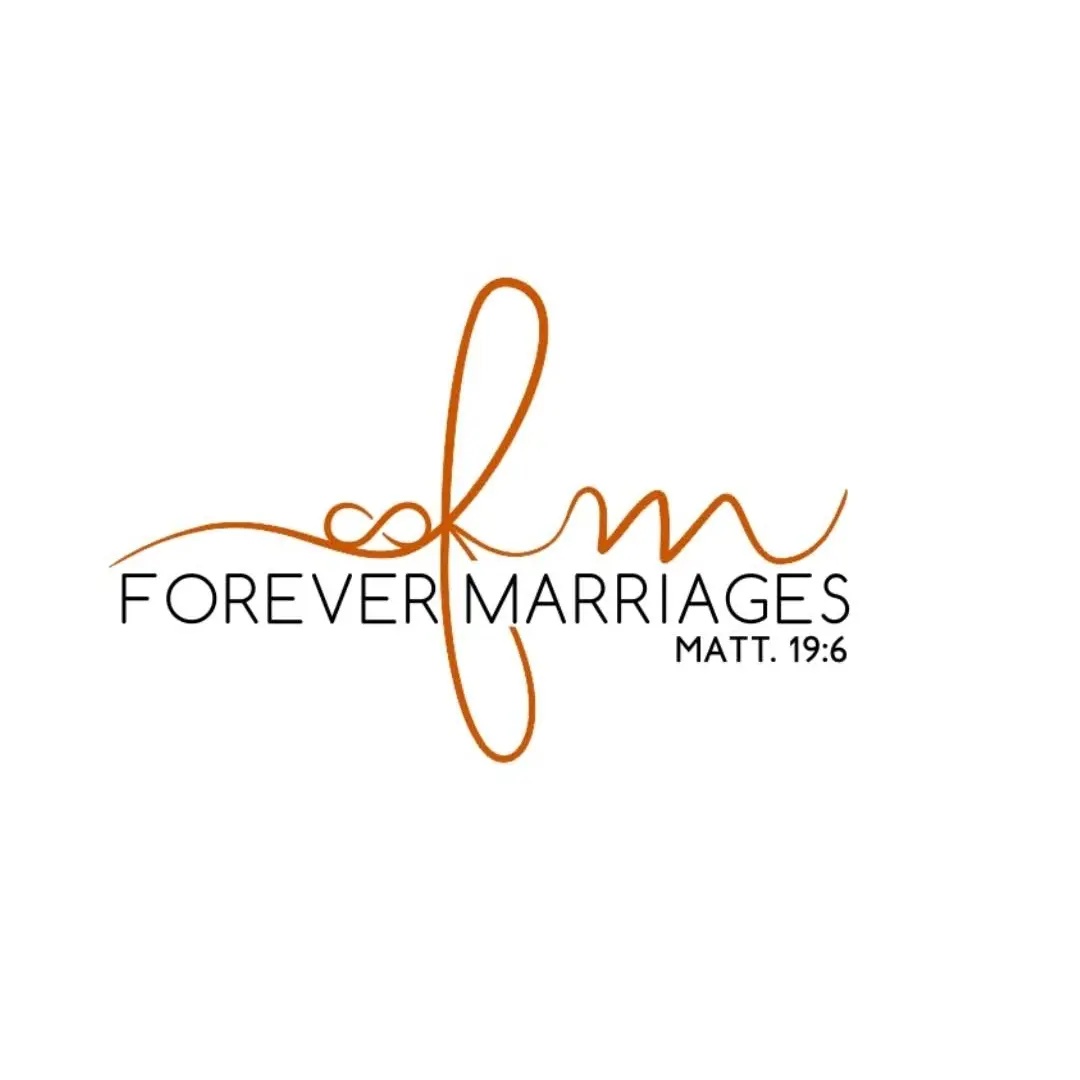Stylized text with the word "love" in cursive, integrating the cross of the 't' into the word, and the phrase "FOREVER MARRIAGES" written below, along with a biblical reference to Matthew 19:6.