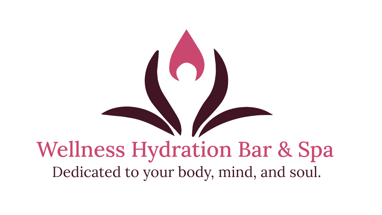 Logo for Wellness Hydration Bar & Spa with a purple abstract flower and tagline 'Dedicated to your body, mind, and soul.'.