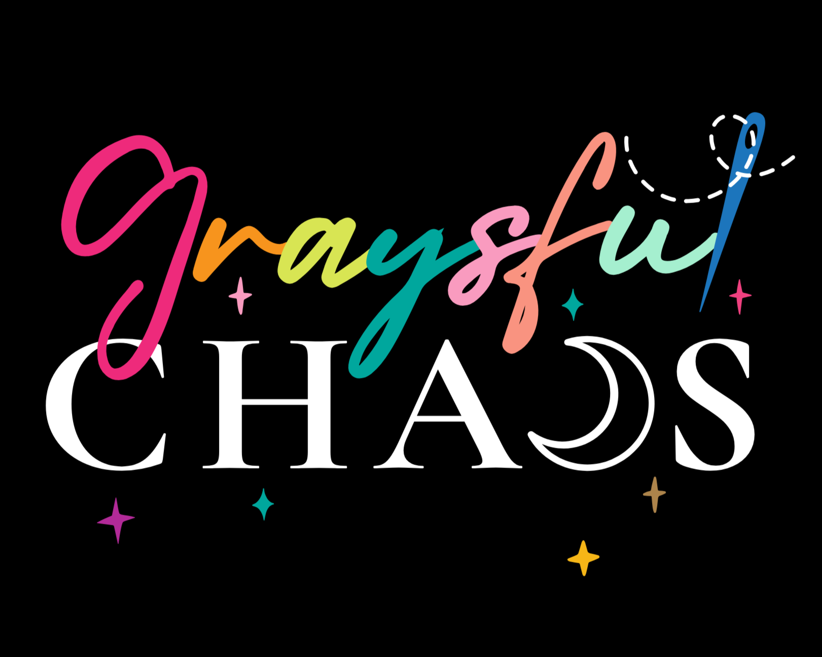 Colorful text reading "mayhem" in a rainbow of colors above large white letters spelling "CHAOS" on a black background, with stars and dotted lines.