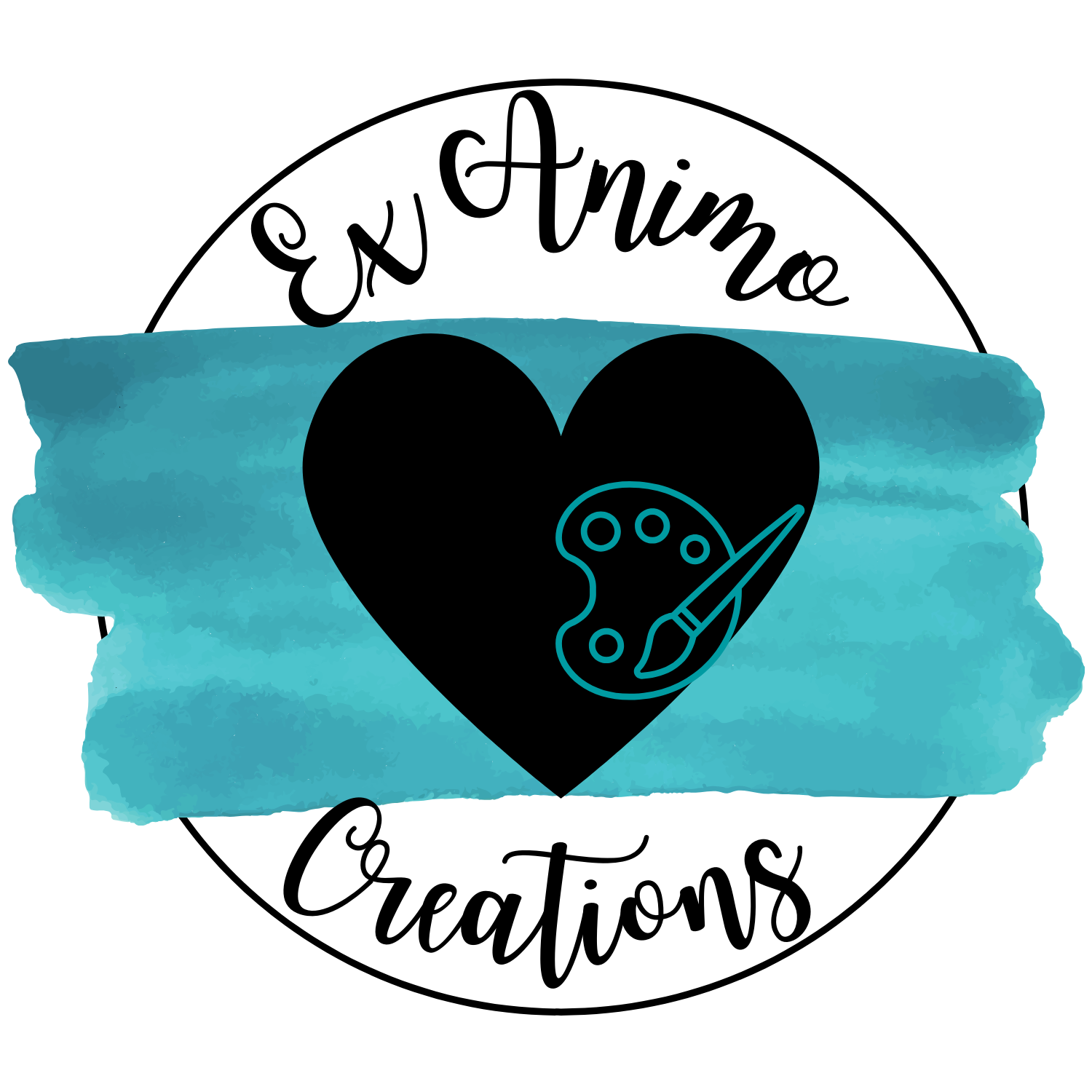 Logo with a black heart, a paint palette and brush, with the words "En Animé Creations" around a blue watercolor background.