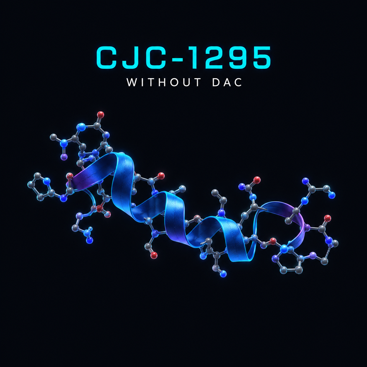 A digital illustration of a DNA molecule with a ribbon structure, under a black background. Text above reads 'CJC-1295 Without DAC' in blue and white.