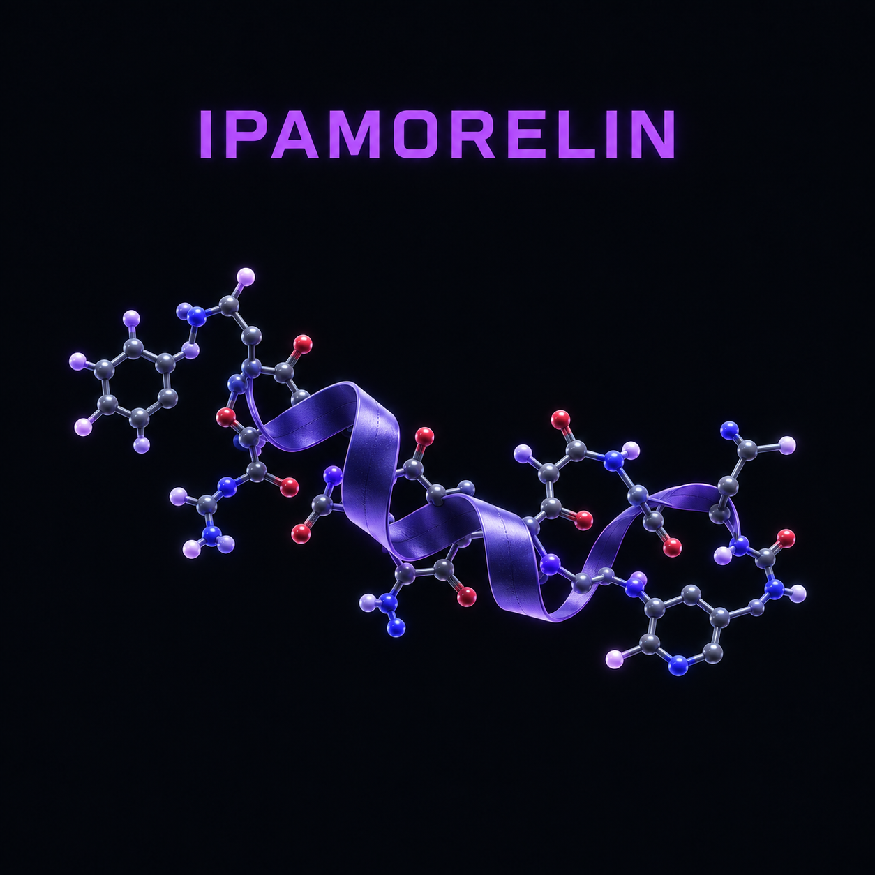 Digital illustration of a molecular structure with a purple ribbon strand, labeled 'IPAMORELIN' in purple text at the top, against a black background.
