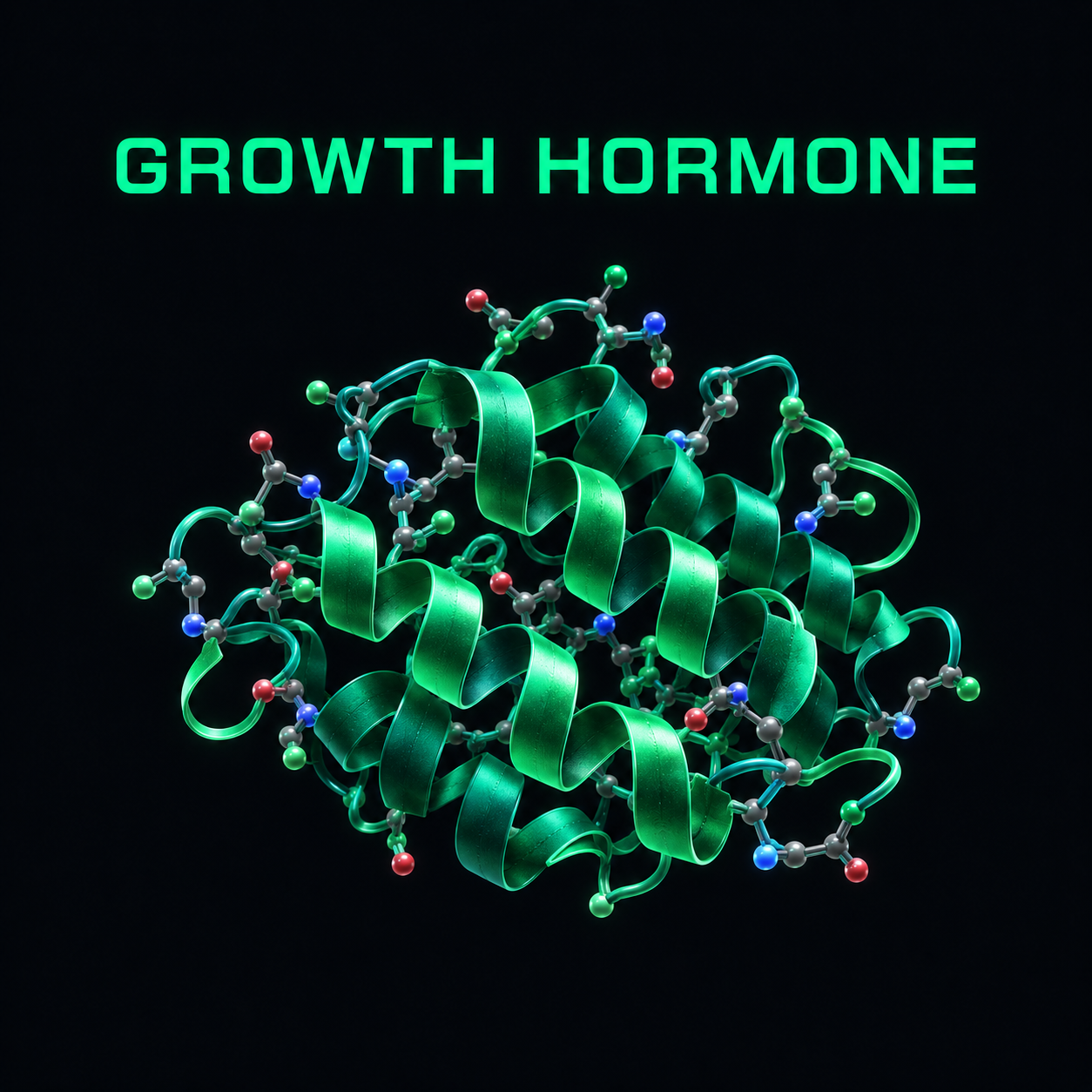 Illustration of a green ribbon-like protein structure with atom models, with the text 'GROWTH HORMONE' in glowing green letters at the top.