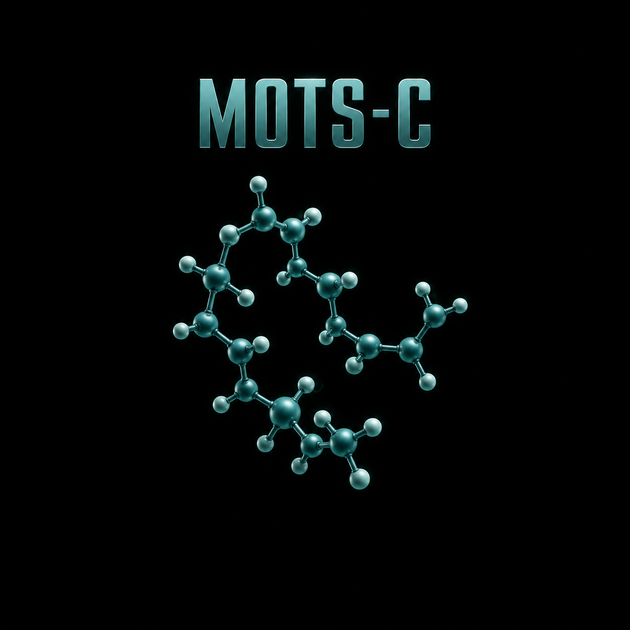 Molecular structure with the text 'MOTS-C' above it on a black background.