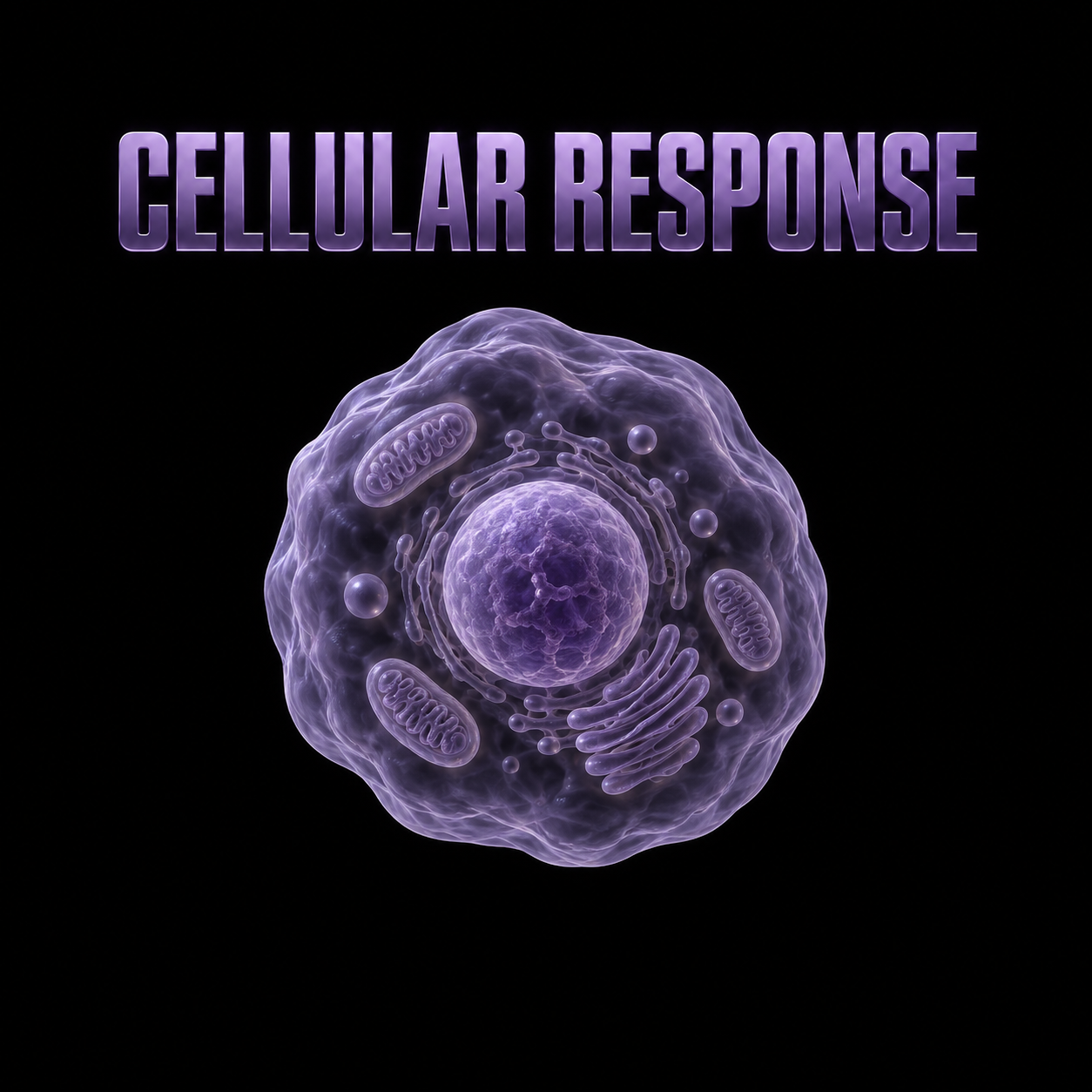 Digital illustration of a human cell with mitochondria, nucleus, and other organelles, with the text 'Cellular Response' above.