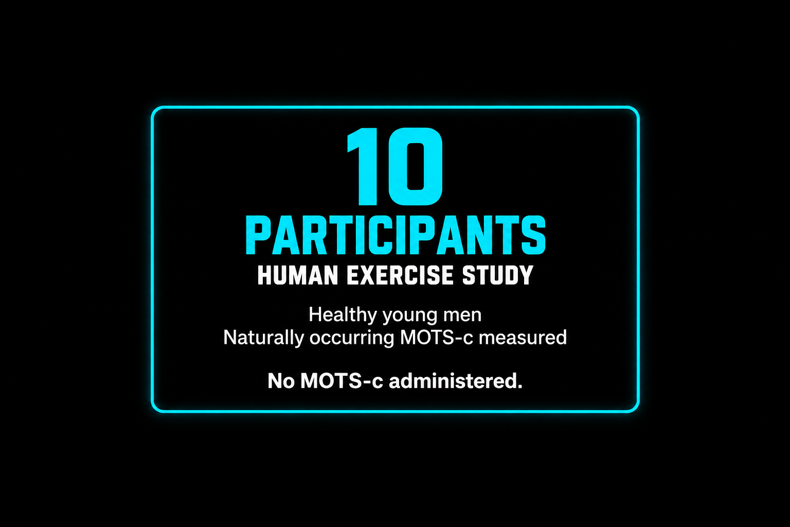Neon sign displaying '10 Participants' in large blue text, with additional details about a human exercise study on healthy young men and the measurement of naturally occurring MOTS-c, noting no MOTS-c was administered.