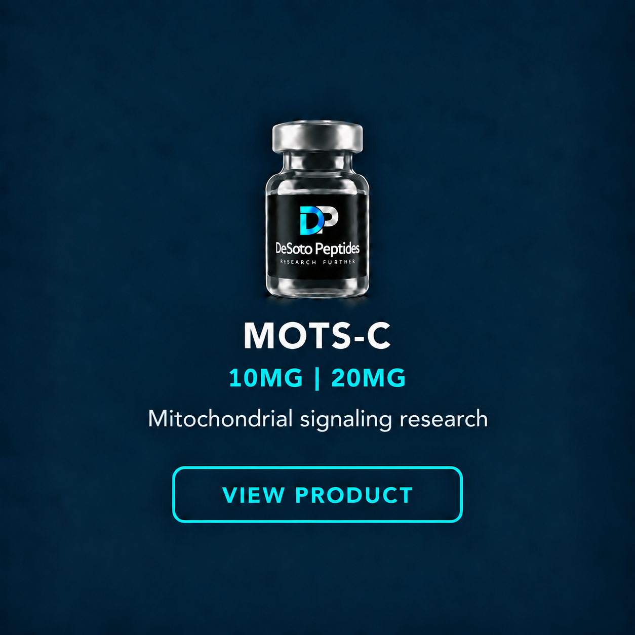 A digital advertisement for DeSoto Peptides featuring a small vial labeled MOTS-C with dosages of 10MG and 20MG, promoting mitochondrial signaling research and a clickable button labeled 'VIEW PRODUCT' on a dark blue background.