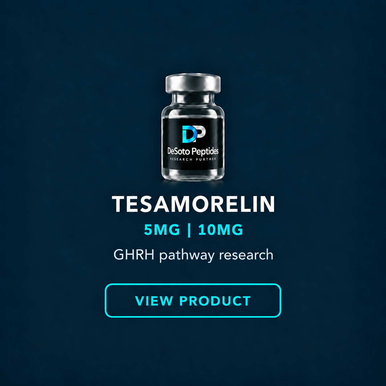 A digital advertisement for DeSoto Peptides featuring a bottle of Tesamorelin with options of 5mg and 10mg, promoting GHRH pathway research and a button to view the product.