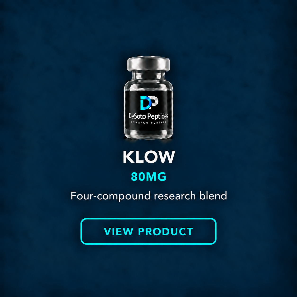Dark blue background with a small glass vial labeled DeSoto Peptides containing a research blend, featuring a logo with a stylized 'D' and 'P'. Text indicates KLOW, 80MG, a four-compound research blend, with a bright blue 'View Product' button below.
