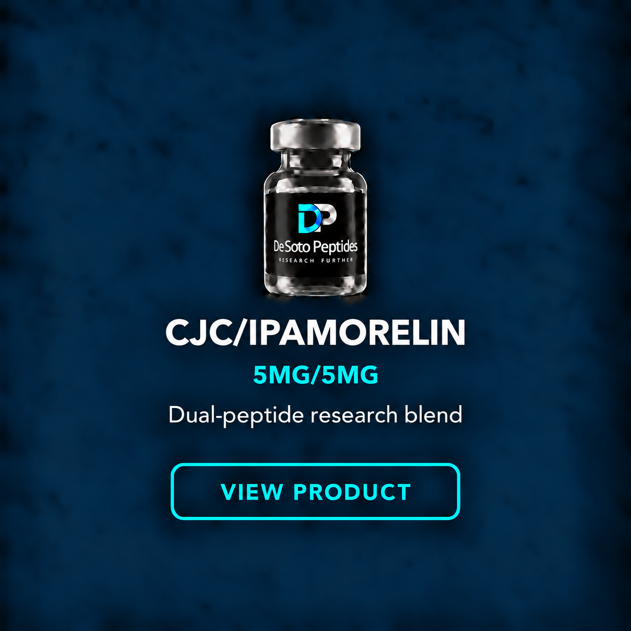 Image of a supplement bottle labeled DeSoto Peptides with the text 'CJ/CiPAMORELIN 5MG/5MG Dual-peptide research blend' and a 'View Product' button on a dark blue background.