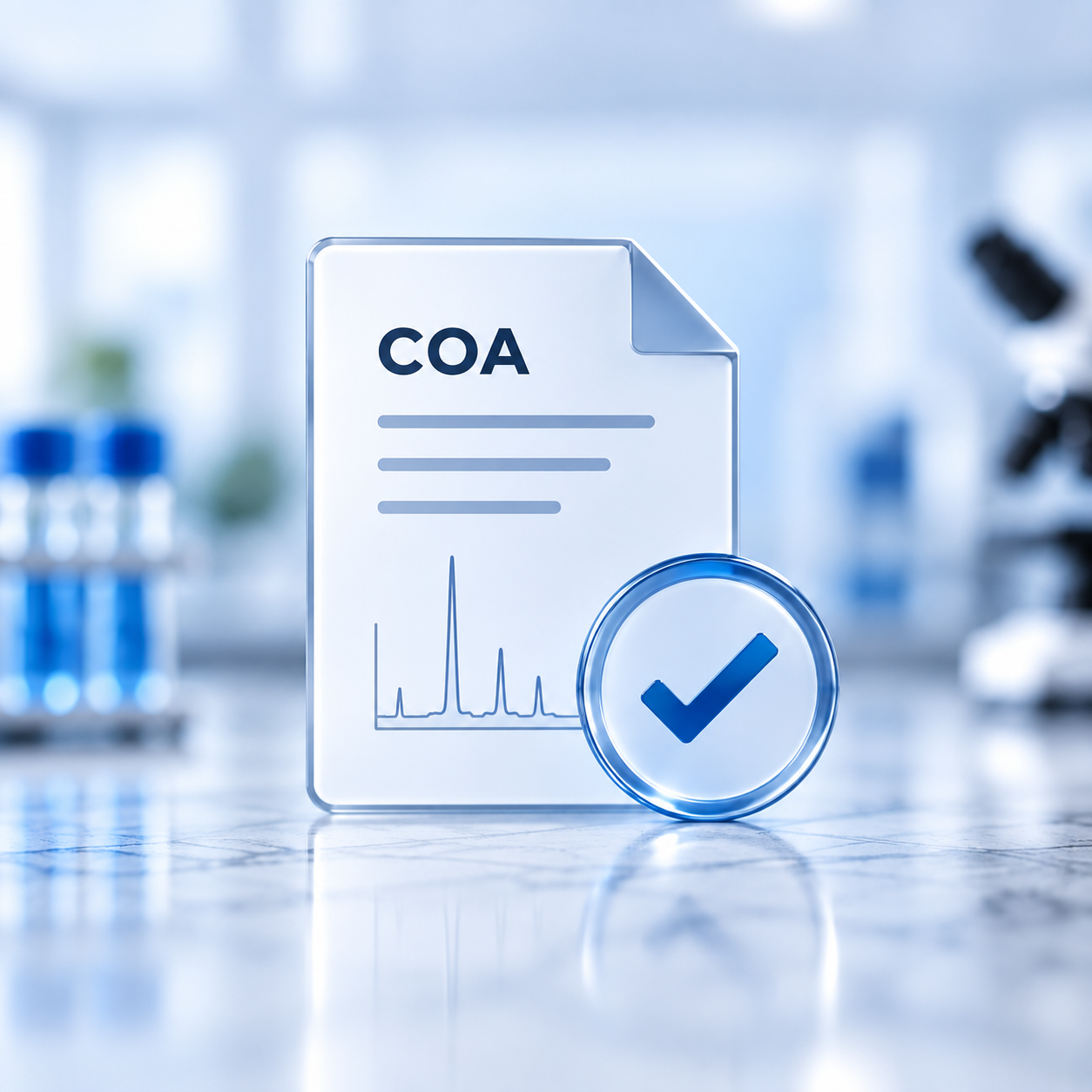 A medical report labeled 'COA' with a blue checkmark and a heartbeat graph, placed on a laboratory table with blurred laboratory equipment in the background.