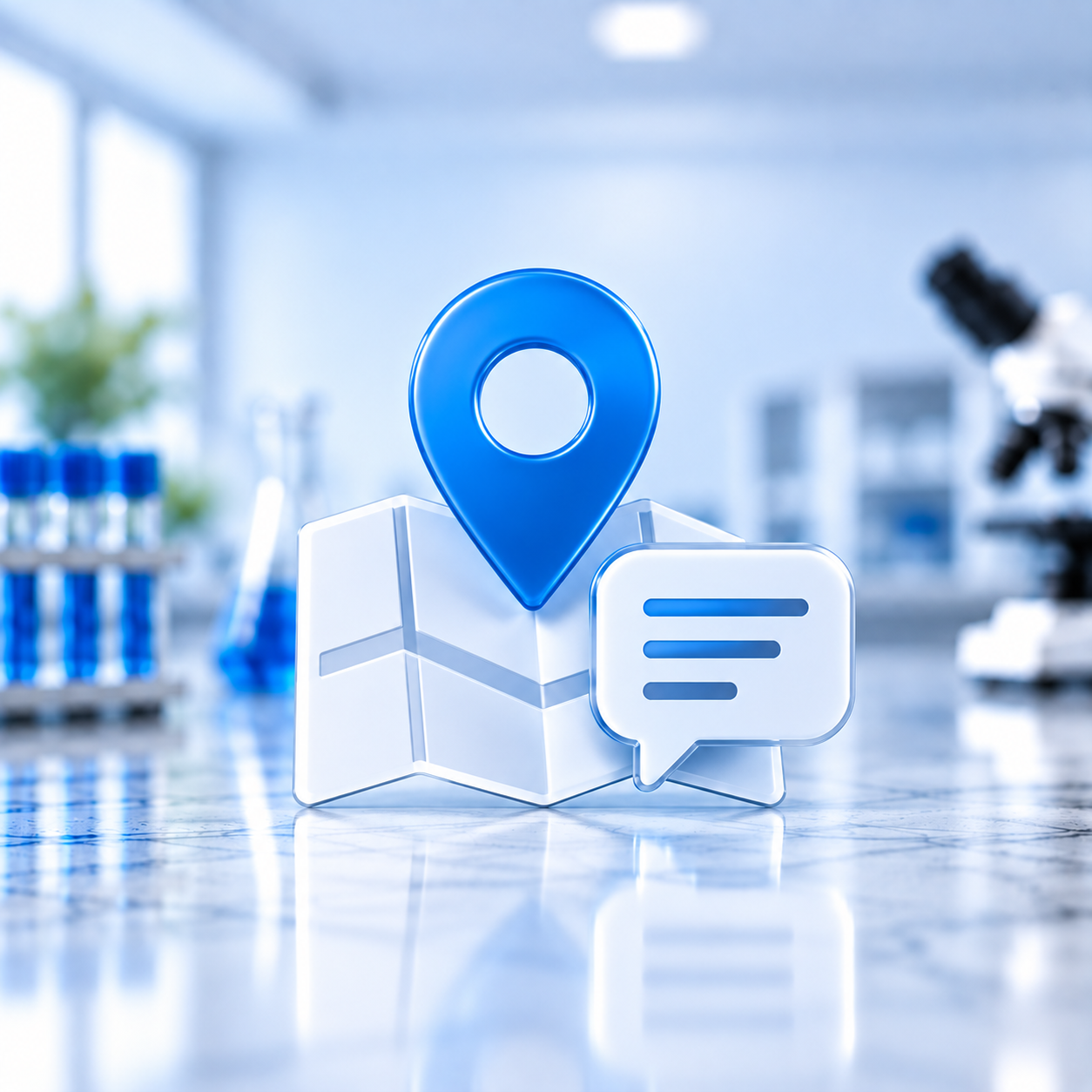 A 3D model of a blue location pin, a white folded map, and a speech bubble with lines of text on a white surface in a laboratory with microscopes and test tubes in the background.