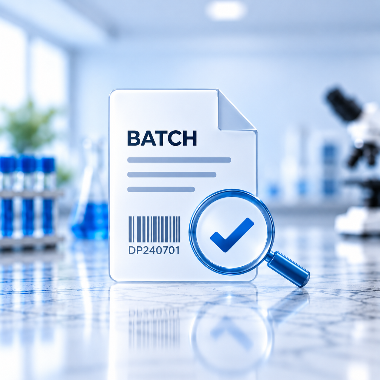 Laboratory scene with a package labeled 'BATCH' and a magnifying glass with a blue checkmark, with test tubes and lab equipment in the background.