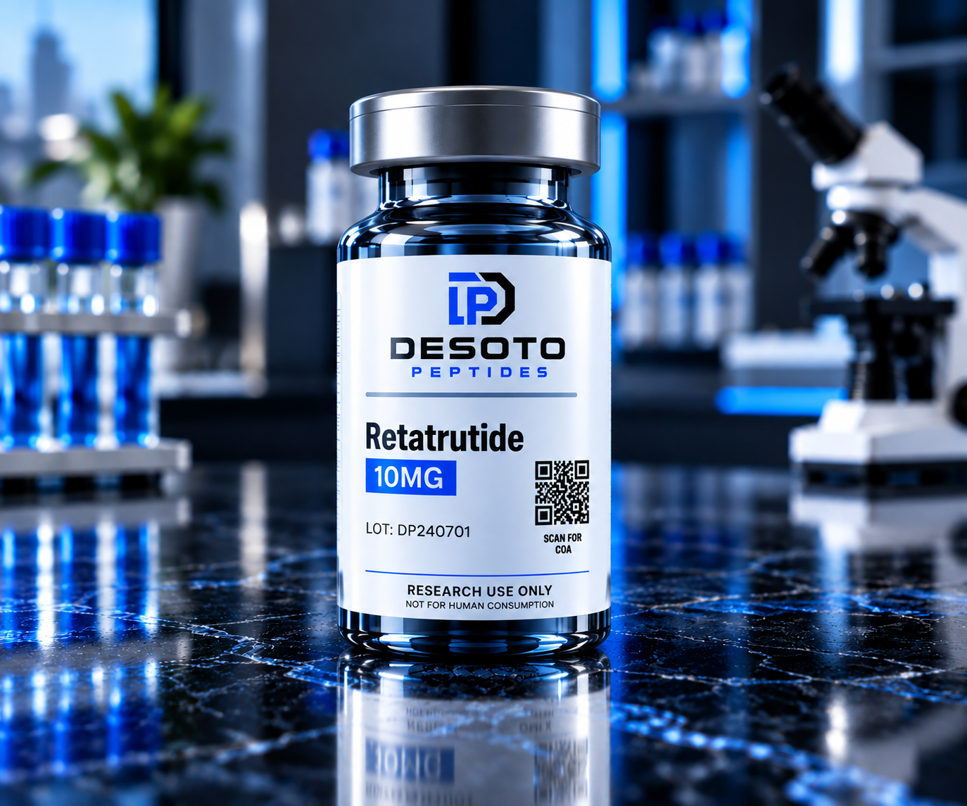Vial labeled Desoto Peptides Retitrude 10mg, on a laboratory bench with test tubes and a microscope in the background.