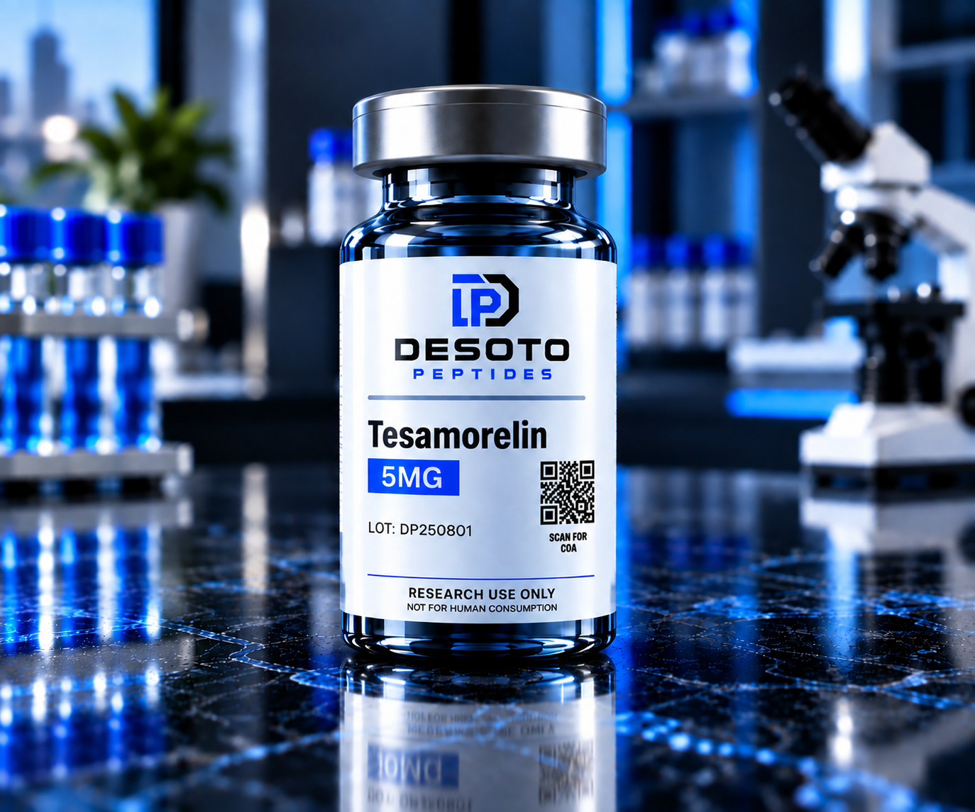 A bottle labeled Tesamorelin 5MG by Desoto Peptides in a laboratory setting with test tubes and a microscope in the background.