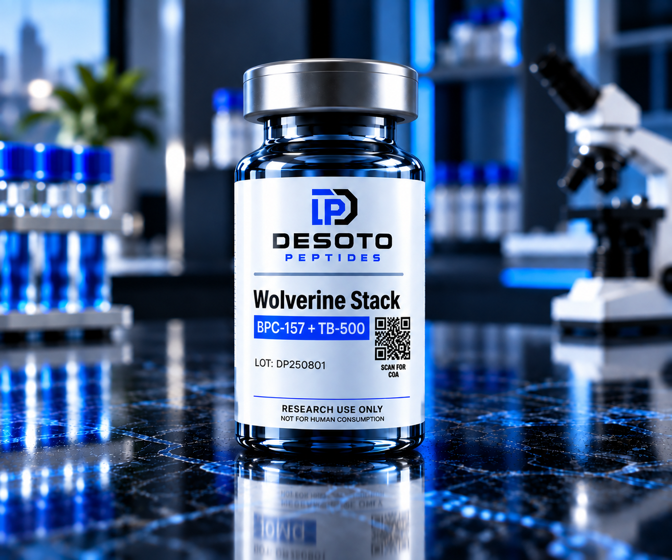 A bottle labeled 'Wolverine Stack' from DeSoto Peptides, in a laboratory setting with a microscope and test tubes in the background.