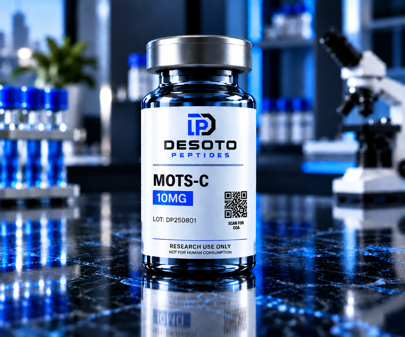 A bottle labeled 'DESOTO PEPTIDES MOTS-C 10MG' placed on a reflective surface in a scientific laboratory with test tubes and a microscope in the background.
