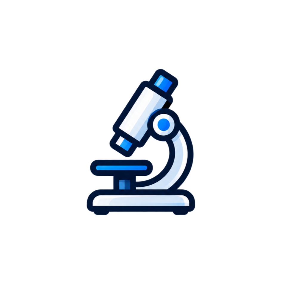 Digital illustration of a microscope with a modern, stylized design in blue and white colors.