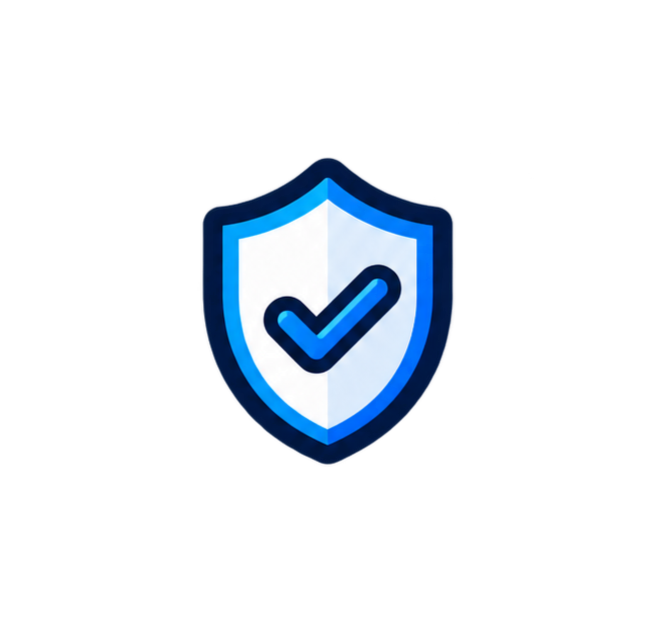 A blue and white shield with a check mark in the center, symbolizing security or protection.