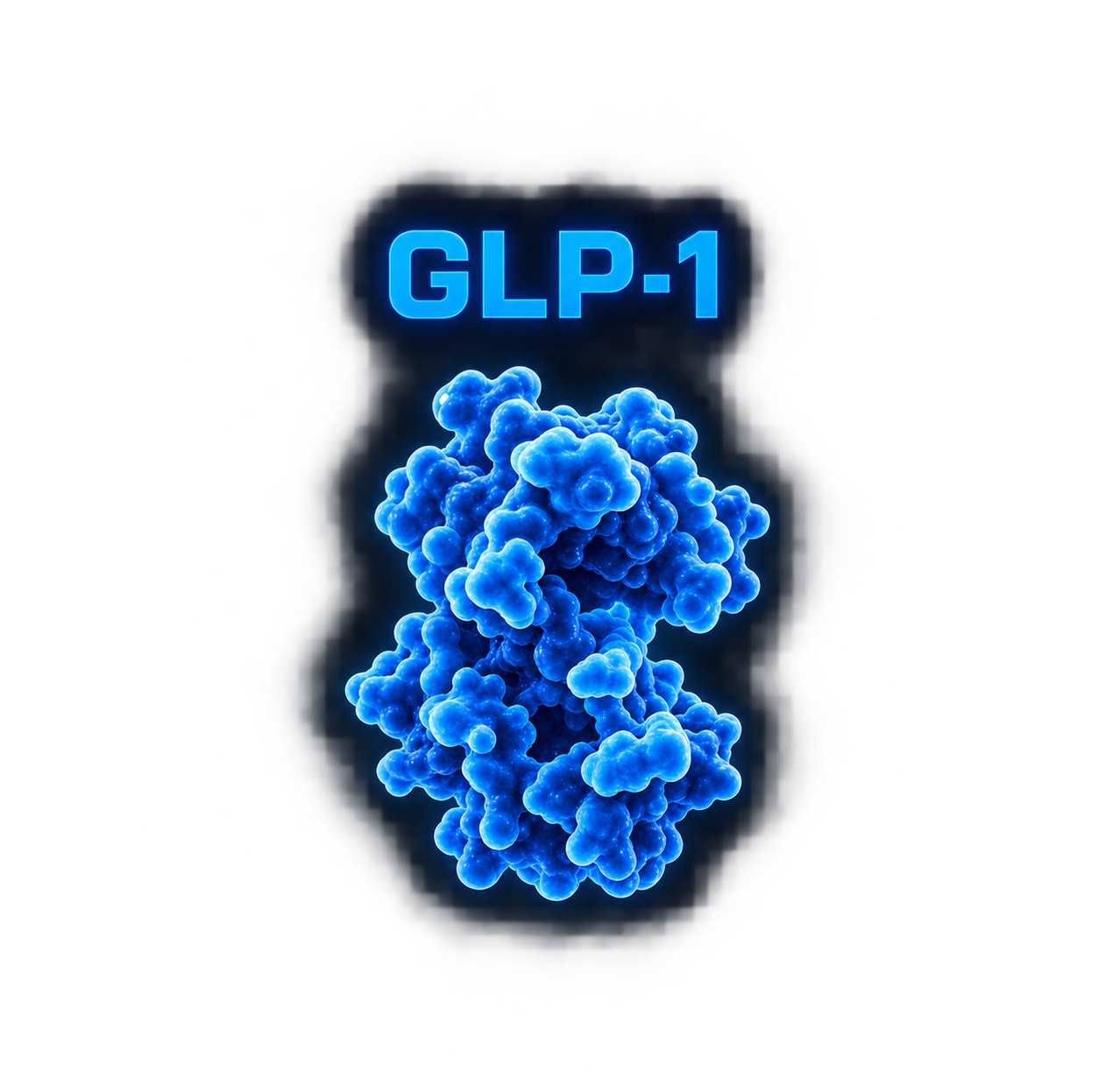 Illustration of the GLP-1 hormone molecule glowing blue on a black background with the label 'GLP-1' above it.