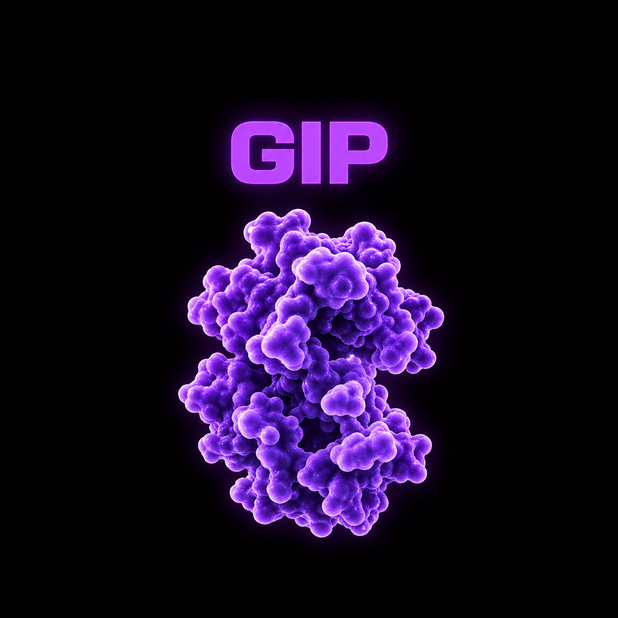 A digital illustration of a purple protein structure with the word 'GIP' glowing above it, set against a black background.