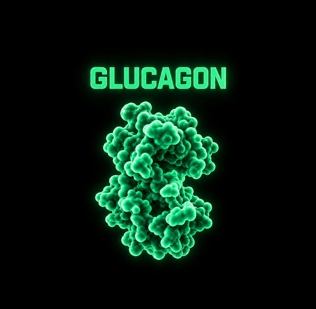 A digital illustration of a molecular structure labeled 'GLUCAGON' in glowing green text, with the molecule depicted as a cluster of rounded shapes on a black background.
