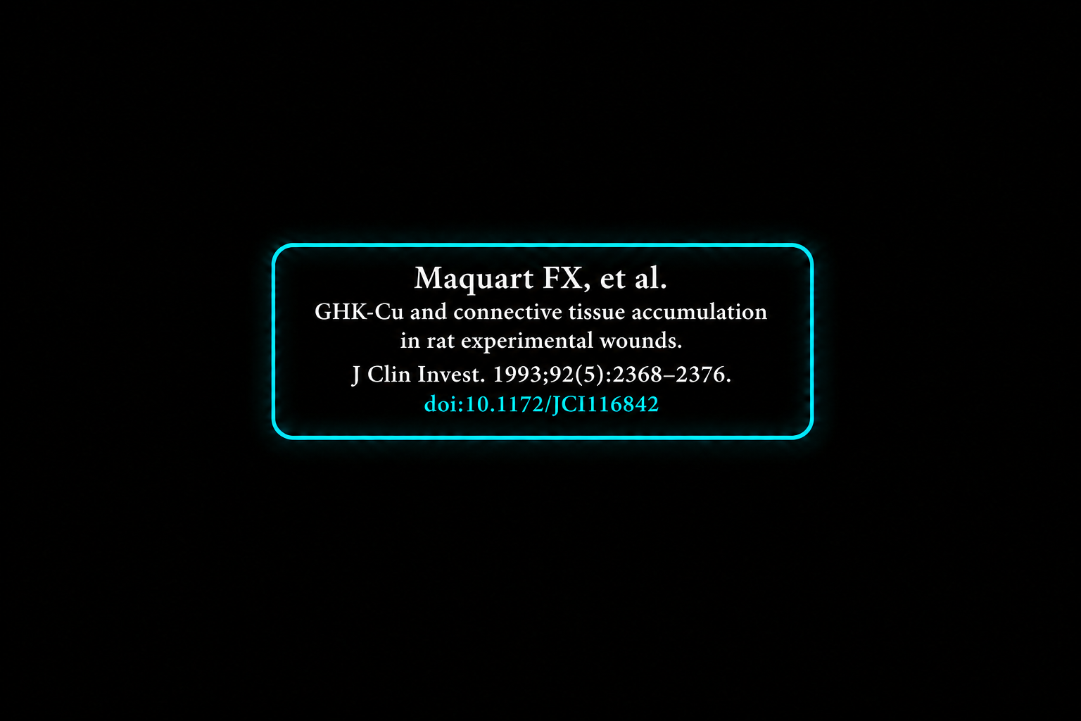 A digital display of a scientific article reference in neon blue and white text on a black background, citing a study on tissue accumulation in rat experimental wounds.