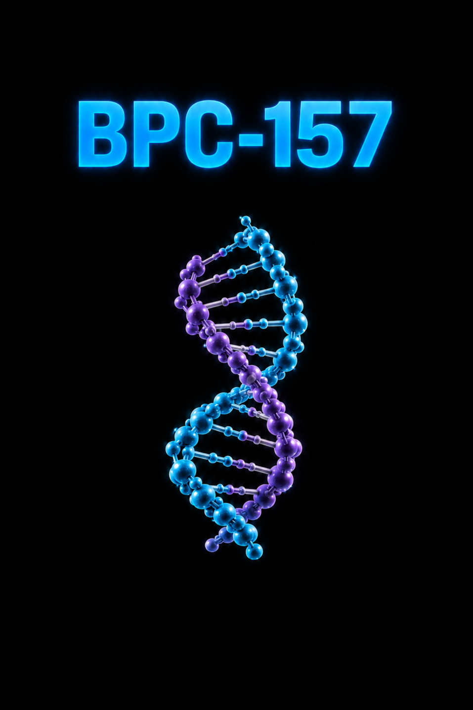 Digital illustration of a DNA double helix with the label 'BPC-157' glowing in blue above it, set against a black background.