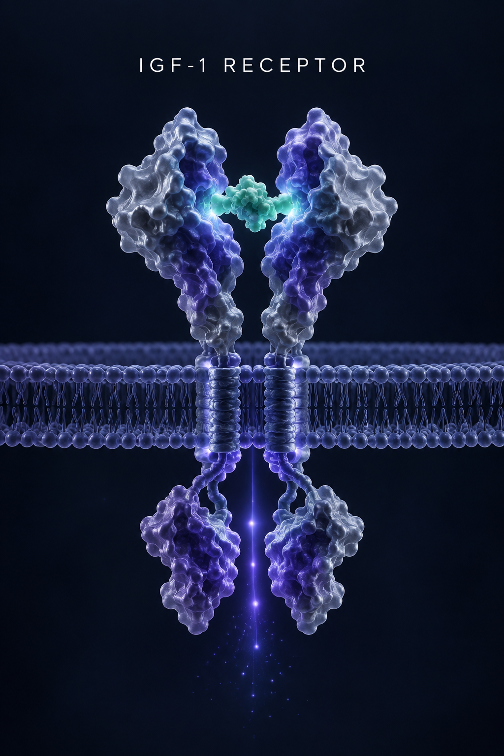 Illustration of the IGF-1 receptor in a cell membrane showing detailed molecular structure and signaling pathway.