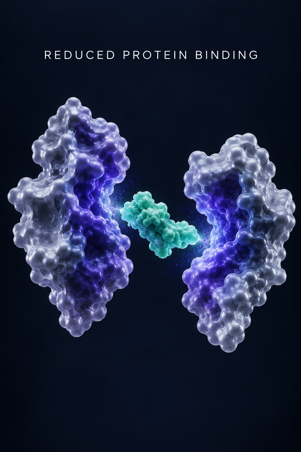 Illustration of molecular structures with the text "Reduced Protein Binding" at the top.