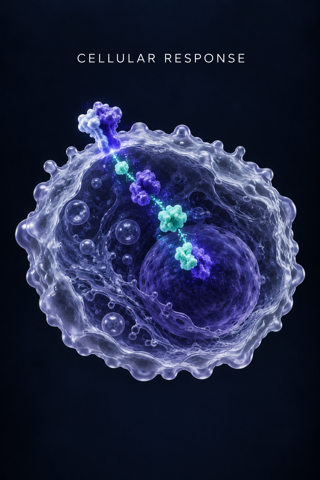 Illustration of a cell with molecules and particles, depicting cellular response.